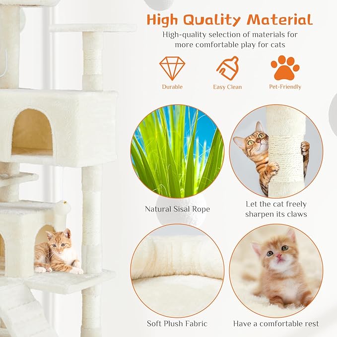 Sweetcrispy 54 Inch Cat Tree Tower, Multi-Level with Cat Scratching Post, Indoor Cat Condo with Climbing Ladder, Plush Toy, Play House for Cat, Beige