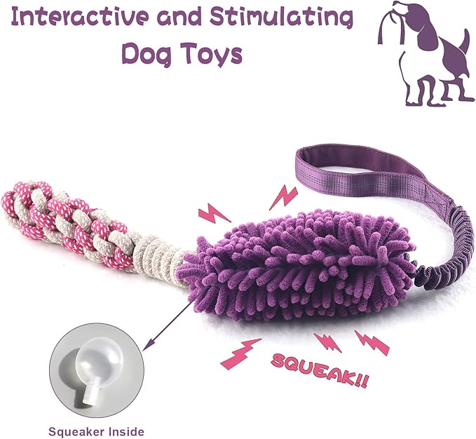 Dog Puppy Toys Dog Squeak Toys Plush Dog Toy with Dog Ropes Knots for Fun and Teeth Cleaning,Tug of War Toys, Puppy Chew Toys, Dog Rope Toys for Training Small, Large Dogs (Purple, Dog Bite Stick Toy)