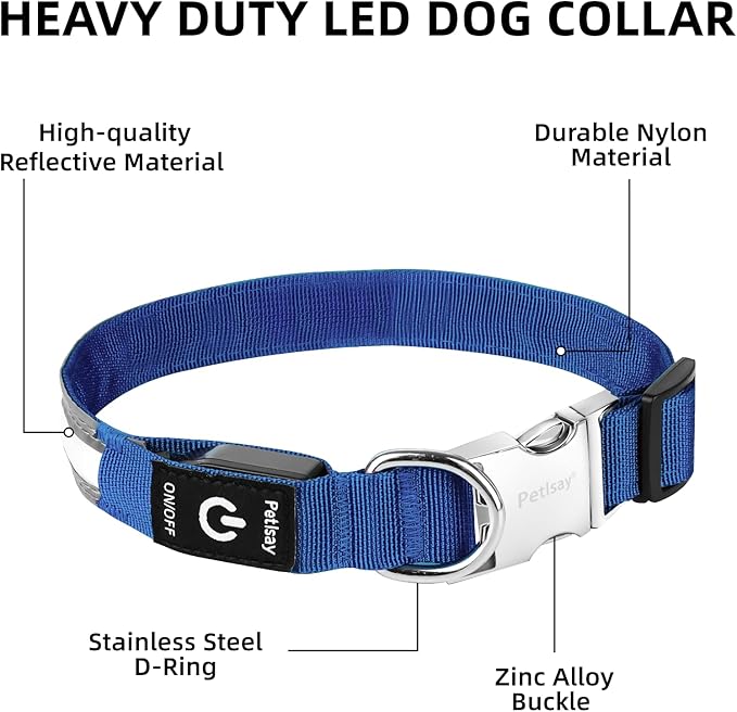 PetIsay LED Dog Collar Metal Buckle - Heavy Duty Light up Collars - Rechargeable IP68 Waterproof - Lighted Dog Collar for Night Walking, Hiking, Camping (Small, Blue)