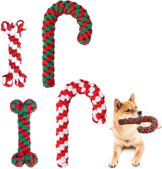 SCENEREAL Christmas Dog Toys, Durable Crutch Bone Rope Toys 4 Pack, Bite Resistant Chew Toy for Teething Cleaning, Xmas Element Rope Toy for Puppy Small Medium Large Dogs