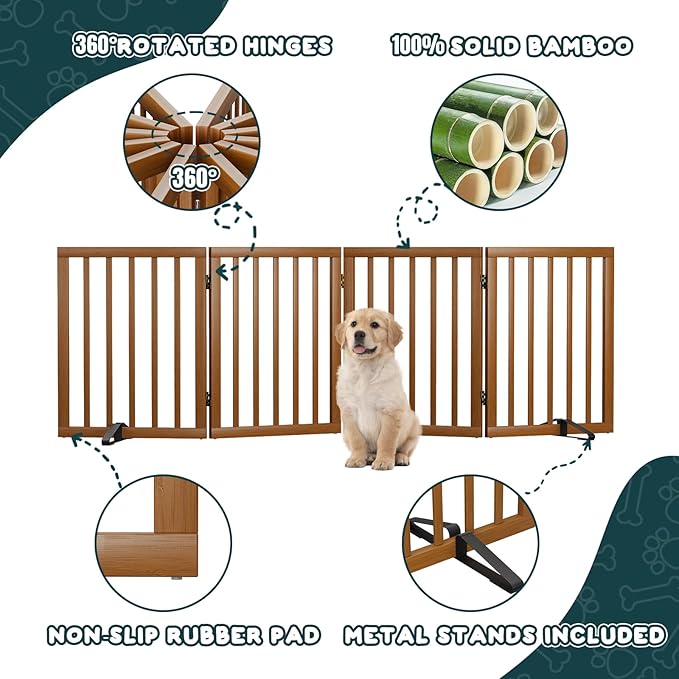 Semiocthome Freestanding Dog Gate 24“Tall, Walnut Foldable Dog Gates for Doorways Stairs Indoor, Wooden 4 Panels Pet Gates for Dogs with 2 Metals Stands, Fully Assembled Door Gates Fences