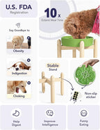 LE TAUCI Ceramic Slow Feeder Dog Bowls Elevated, 3 Cup Raised Bowl with Wooden Stand for Medium Large Breed, Slow Down Eating, Puzzle Dog Food Bowl, Clover Green