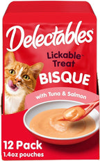 Hartz Delectables Lickable Treat Bisque Wet Cat Treat with Real Tuna & Salmon, Food Topper, Hydrating, Grain-Free, No Fillers, No by-Products, No Added Preservatives, 1.4oz Pouch, 12ct