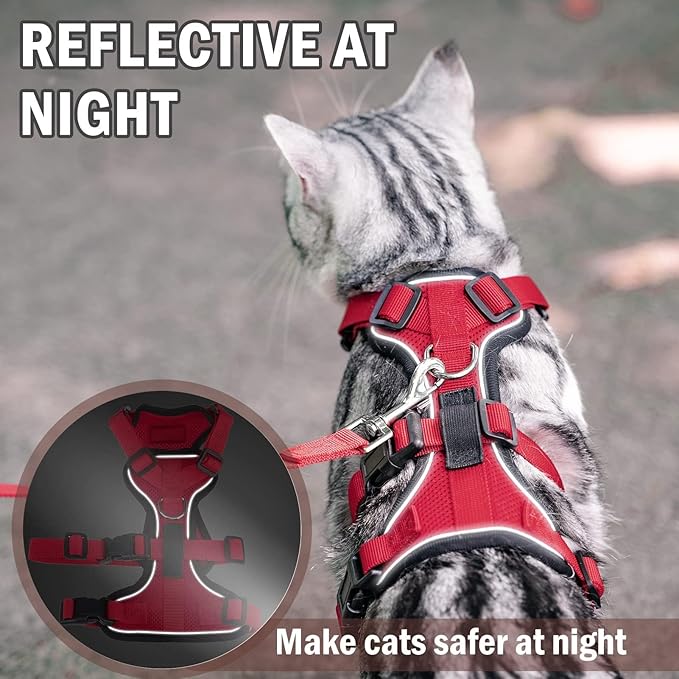 PUPTECK Cat Harness and Leash Set Escape Proof for Walking, Breathable Mash Vest Adjustable Harness for Cats Puppy Small Animals, Reflective at Night, Red Medium