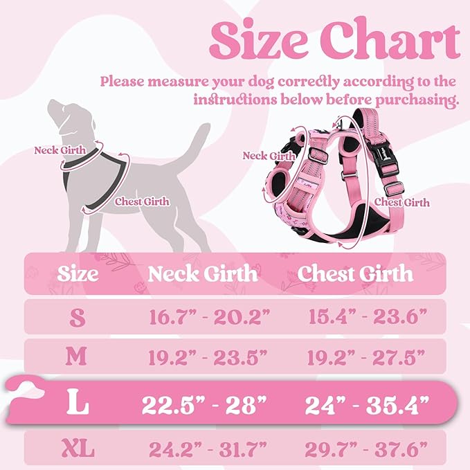 rabbitgoo Dog Harness for Large, No Pull Pet Harness with 3 Buckles, Adjustable Soft Padded Vest with Control Handle, Walking Reflective Pet Vest for Large Dogs, Floral Pink, L
