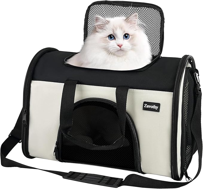 Zavothy Collapsible TSA Approved Pet Carrier for Cats & Dogs (Up to 15 Lbs, 16.54"x11.42"x9.84") – Soft-Sided Airline Travel Carrier, White
