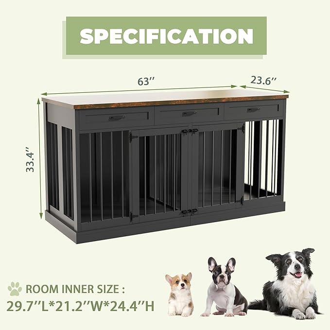 Dog Crate Furniture, 63 Inch Kennel Cage Furniture Large Breed with 3 Drawers, Wooden Double Dog Crate Furniture Table for 2 Dogs, Crates for Large Dogs Furniture - Black