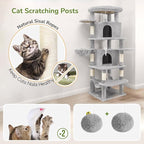 Globlazer Corner Cat Tree for Large Cats, 66inch Tall Curved Series Large Cat Tower for Multiple Indoor Cats with 6 Scratching Posts, 2 Spacious Cat Condos, Hammock, Hanging Basket, C66, Light Grey