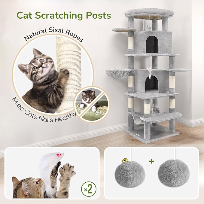 Globlazer Corner Cat Tree for Large Cats, 66inch Tall Curved Series Large Cat Tower for Multiple Indoor Cats with 6 Scratching Posts, 2 Spacious Cat Condos, Hammock, Hanging Basket, C66, Light Grey