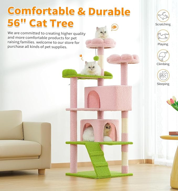 Made4Pets Cat Tree Tower 56" Cat Tower for Indoor Cats Kitten Tree Multi-Level Cat Tree with 2 Condo Furniture Activity Center with Scratching Posts Funny Toys (Pink Flower Green)