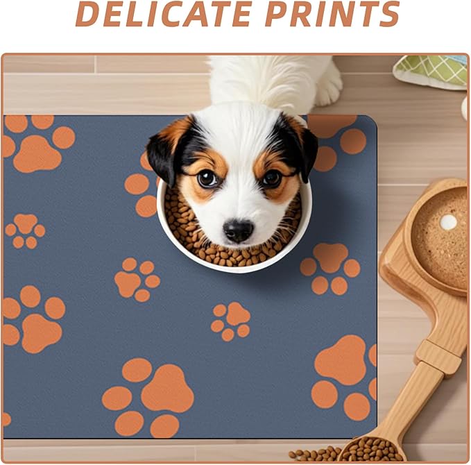 18"×30" Dog Food Mat-Absorbent Dog Mat for Food and Water, No Stains Quick Dry Cat Dog Food Bowl Mat Non Skid Dog Feeding Mat with Footprints for Messy Drinkers Blue