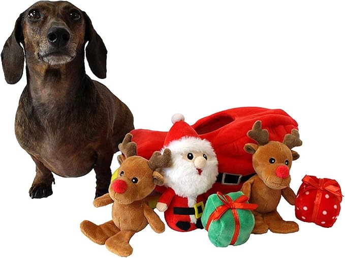 Midlee Santa Sleigh Find a Toy Christmas Dog Toy- Plush Burrow Interactive Hide & Seek Pet Holiday Toy