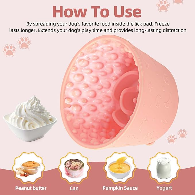 Dog Slow Feeder Lick Bowl, Non-Slip Dog Licking Treat Dispenser, Slow Feeder Bowls for Small Medium Large Breed Dogs, Anxiety Relief & Anti-Choking, BPA Free Silicone (Pink, 1.6 Cup)