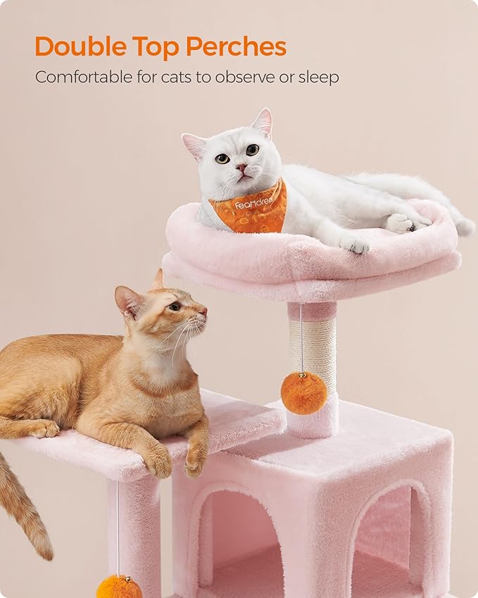 Feandrea Cat Tree, 44.1-Inch Cat Tower for Indoor Cats, Multi-Level Cat Condo with 4 Scratching Posts, 2 Perches, Hammock, Cave, Jelly Pink UPCT261P01
