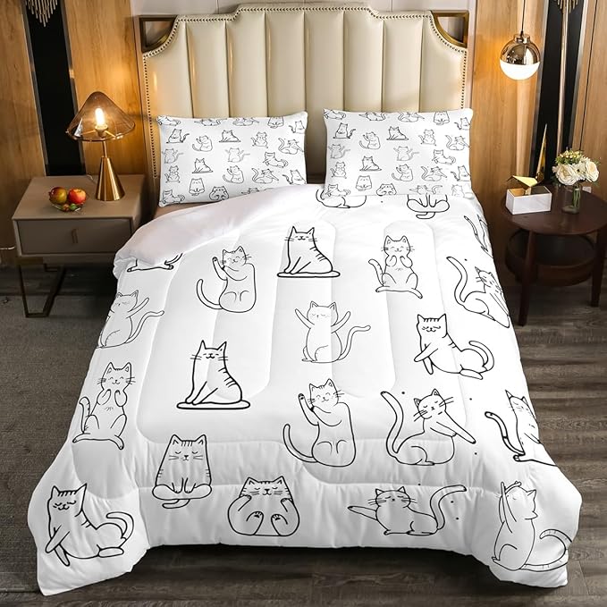 Erosebridal Cute Cat Bedding Full for Girls Boys Kids Funny Animal Comforter Set, Kawaii Pet Bedding Comforter Sets White Kitten Duvet Insert, Yoga Ballet Dance Quilted Comforter Decoratives 3 Pieces