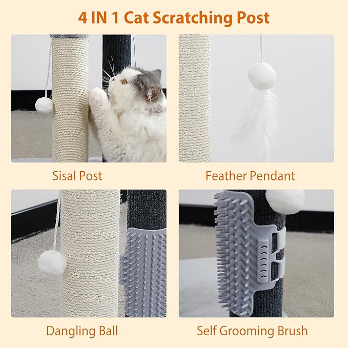 Cat Scratching Post, 29 Inch Tall Sisal Vertical Scratch Posts Cat Scratcher Scratching Deterrent with Cat Self Groomer Hair Brush and Dangling Plush Ball for Cats Small Kittens Christmas