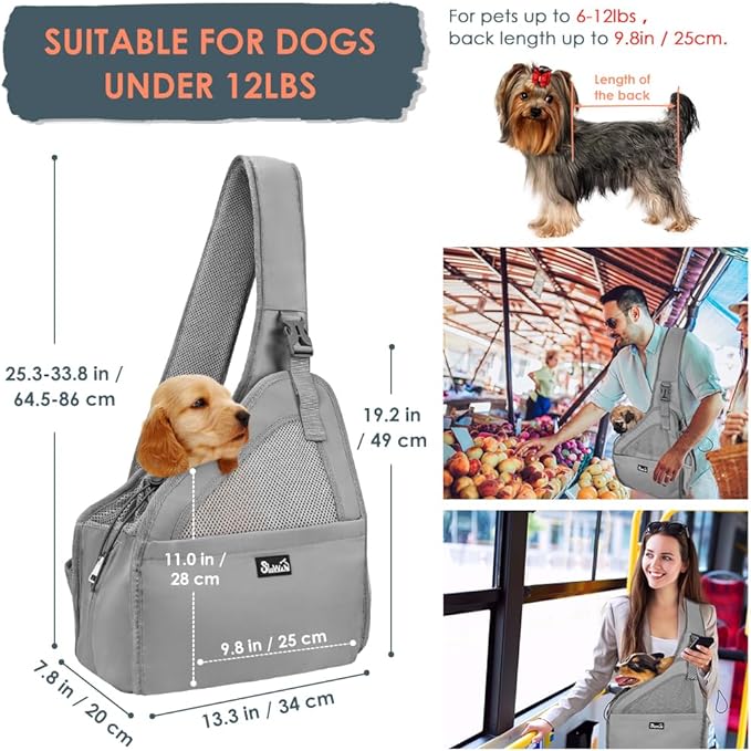 SlowTon Pet Dog Sling Carrier, Hands Free Hard Bottom Papoose Small Animal Puppy Up to 12 lbs Travel Bag Tote Breathable Mesh Support Adjustable Padded Strap Pocket Safety Belt Machine Washable