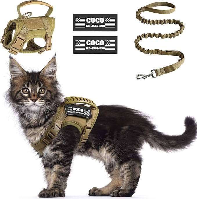 Tactical Cat Harness Escape Proof for Walking with Personalized Patches - Adjustable Cat Harness 8-20lbs Escape Proof - Soft Vest for Large Kitty with Optional Leash (Khaki)
