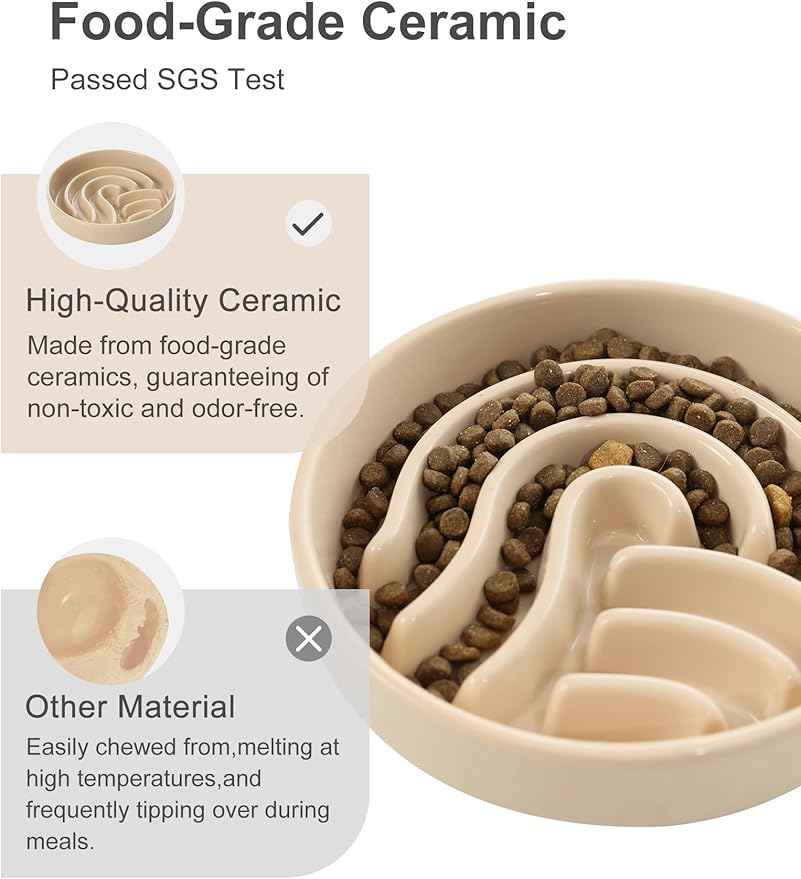 Ceramic Maze Dog Slow Feeder with Non-Slip Silicone Rim (& Bamboo Stand) – Heavy-Duty Stoneware Bowl with Puzzle Pattern for Bloating & Obesity Prevention (Raised-Apricot-S)