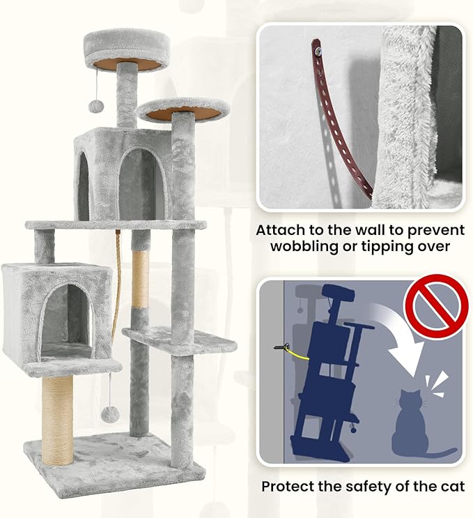58.5inch Large Cat Tree Tower Condo for Indoor Cats, Soft Plush Multi-Level Climbing Tree Cat House, Scratching Post, More Entrance/Exit, Sisal Rope, Light Grey