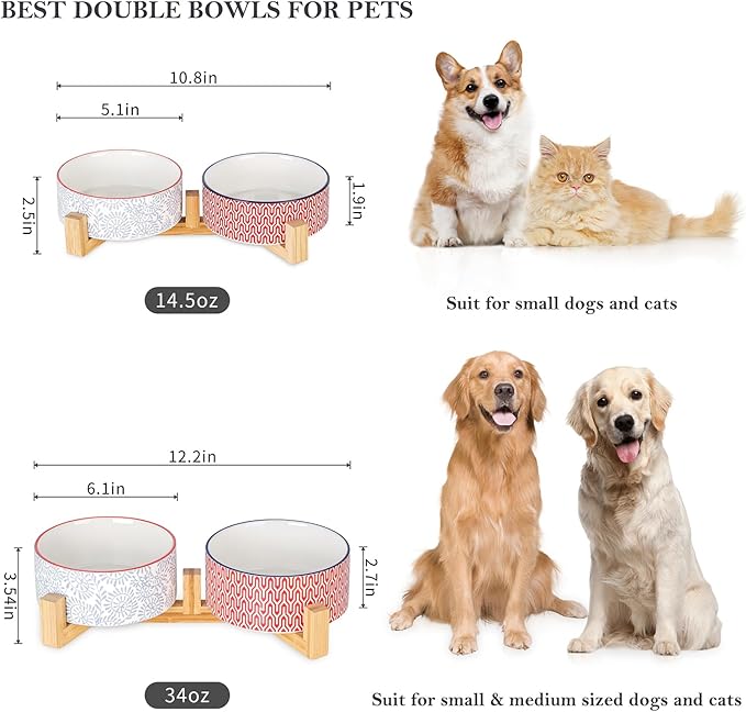 Selamica Ceramic 30 OZ Dog Bowls, Dog Food and Water Bowls with Wooden Stand, Anti-Slip Dog Dishes Set for Cats Small & Medium Sized Dogs, Weighted Pet Bowls Set of 2, Assorted Colors B