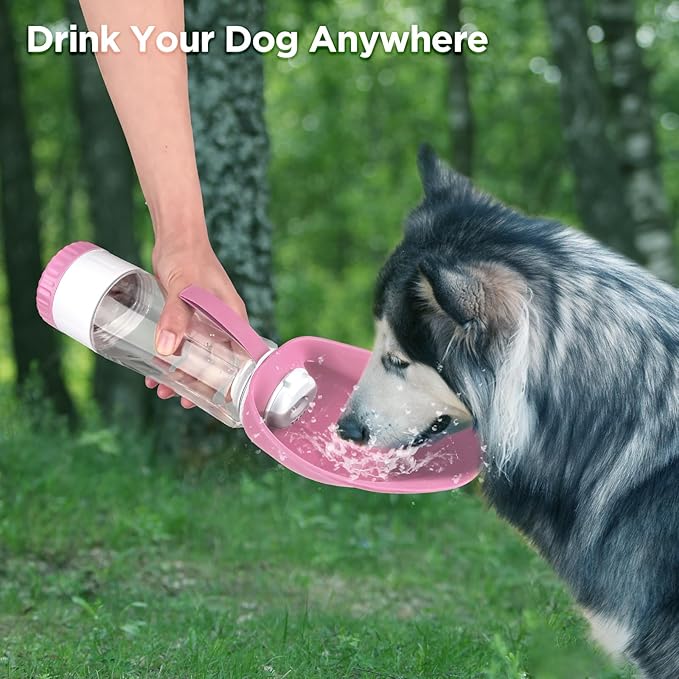 Dog Water Bottle, Pet Water Bottle with Food Container and Drinking Feeder, Leak Proof, BPA-Free, Portable Foldable Puppy Water Cup Dispenser for Outdoor Walking, Travel, Hiking Large Pink