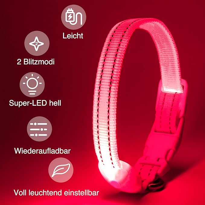 LED Dog Collar - Light Up, Adjustable, Rechargeable, Waterproof - Night Walking, Glow in Dark - Small, Pink