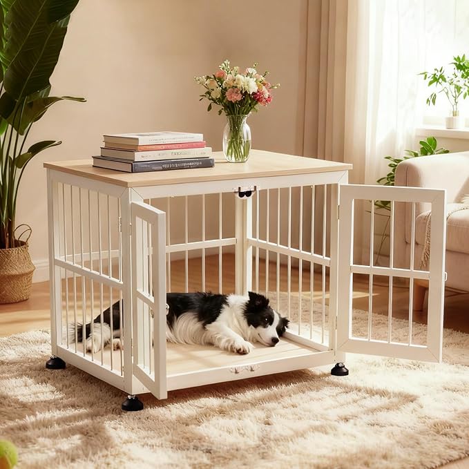 32 Inch Heavy Duty Dog Crate Furniture for Medium and Small Dogs, Decorative Pet House End Table, Wooden Cage Kennel Furniture Indoor with Double Doors, Sturdy Dog Cage for Anxiety Dog