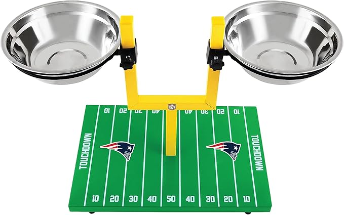 NFL New England Patriots Goalpost Football Field Dog Feeder – Adjustable Elevated Dog Bowls with Stand, 2 Stainless Steel Bowls, Non-Slip Rubber Feet, Raised Pet Feeder for Large & Small Dogs, Cats.