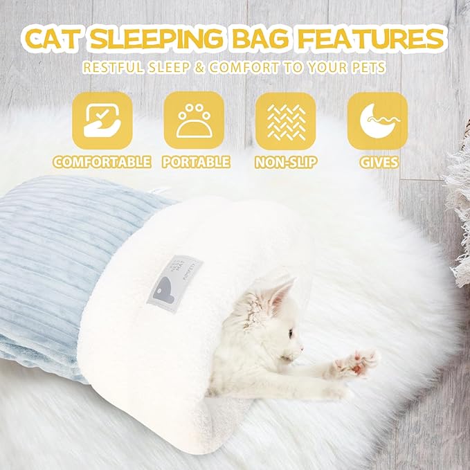 Cat Sleeping Bag, 2024 New Cat Winter Sleeping Bag, Self Warm Cat Sleeping Bag for Indoor Cats, Cat Cave Bed 360° Wrap for Cats Up to 8kg, Large 21 x 18 Inches