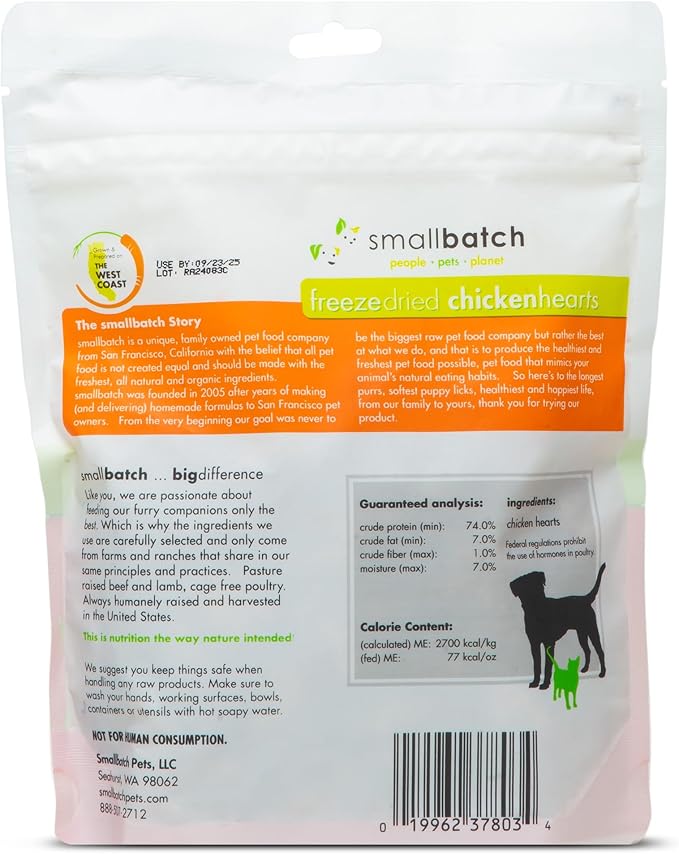 smallbatch Pets Premium Freeze-Dried Chicken Heart Treats for Dogs and Cats, 3.5 oz, Made and Sourced in The USA, Single Ingredient, Humanely Raise Meat, No Preservatives or Anything Artificial Ever