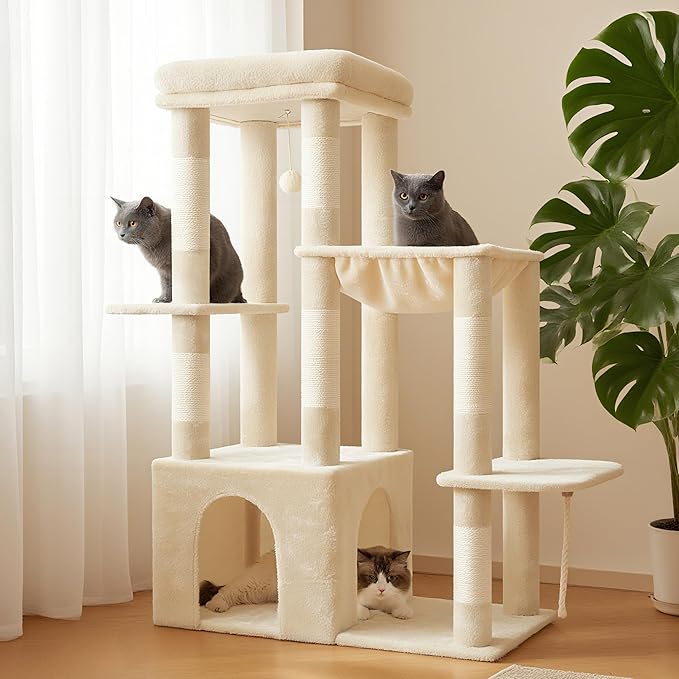 Heybly Heavy Duty Cat Tree, Tower for Indoor Cats Large Adult, Tall Cat Condo House with Extra-Large Baseboard, Multi-Level Plush Furniture with Scratching Posts, Hammock, Toy Ball, Beige HCT026M