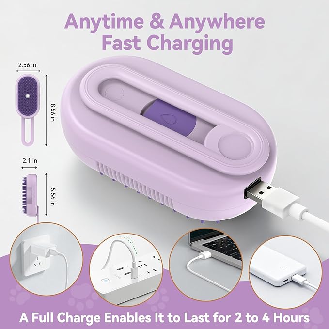 4 in 1 Pet Steam Brush for Shedding,Rechargeable cat brushes for indoor cats,Quiet Detangling Brush for Long Haired Cats and Dogs(Purple)
