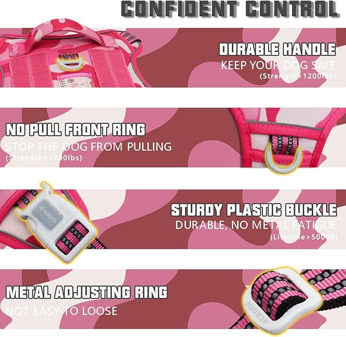 Auroth Tactical Dog Harness for Small Medium Large Dogs No Pull Adjustable Pet Harness Reflective K9 Working Training Easy Control Pet Vest Military Service Dog Harnesses Small, Pink Camo