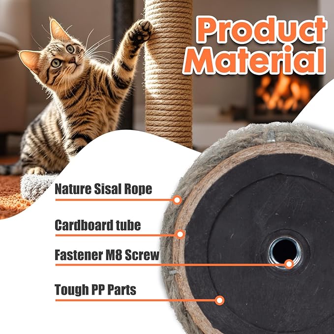 PowerKing 4-Pack 15.7" Cat Scratching Post Replacement - Natural Sisal Rope Scratcher Poles with M8 Screws for Indoor Cat Tower Renewal Parts, Cat Furniture Refill Parts (Nature)