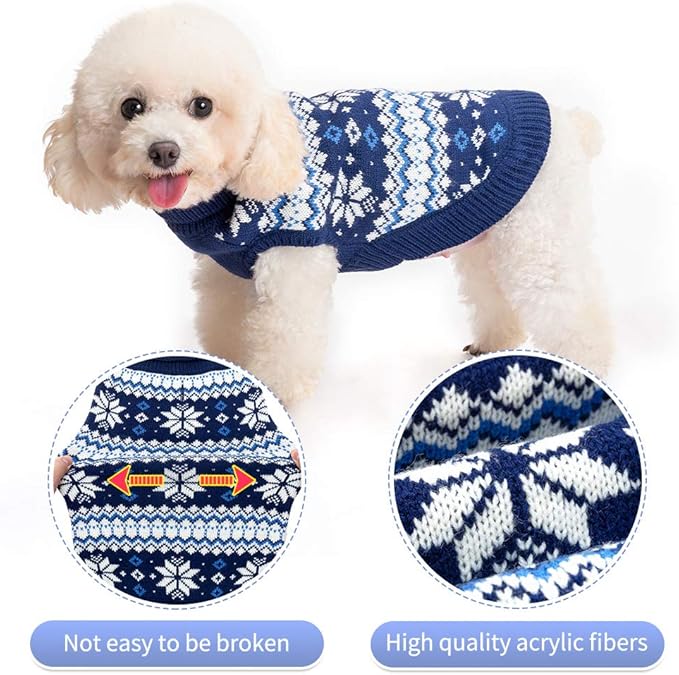 KOOLTAIL Cable Knit Dog Sweater Turtleneck, Cold Weather Pullover Classic Knitwear, Snowflake Pattern Thick Warm Winter Pet Clothes, Dog Christmas Sweater for Small Medium Large Dogs Cats,Navy Blue SM