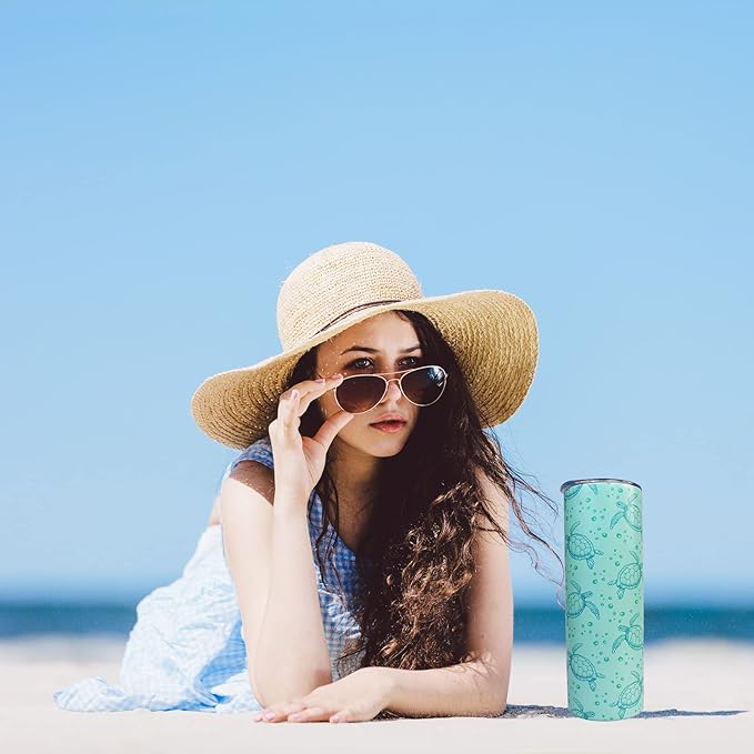 Sea Turtle Tumbler With Lid and Straw Sea Turtle Stuff Gifts for Women 20 oz Insulated Stainless Steel Skinny Tumbler Water Bottle Travel Mug Wine Cups