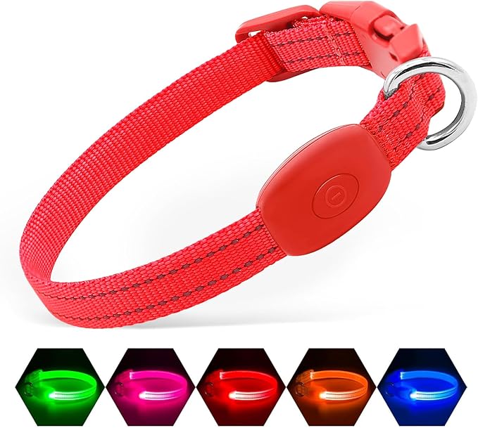 Illumifun Light Up Collar for Small Dogs, USB Rechargeable LED Dog Collar Glow in The Dark, Adjustable Cat Collar Light for Night Walking Camping (Red, X-Small)