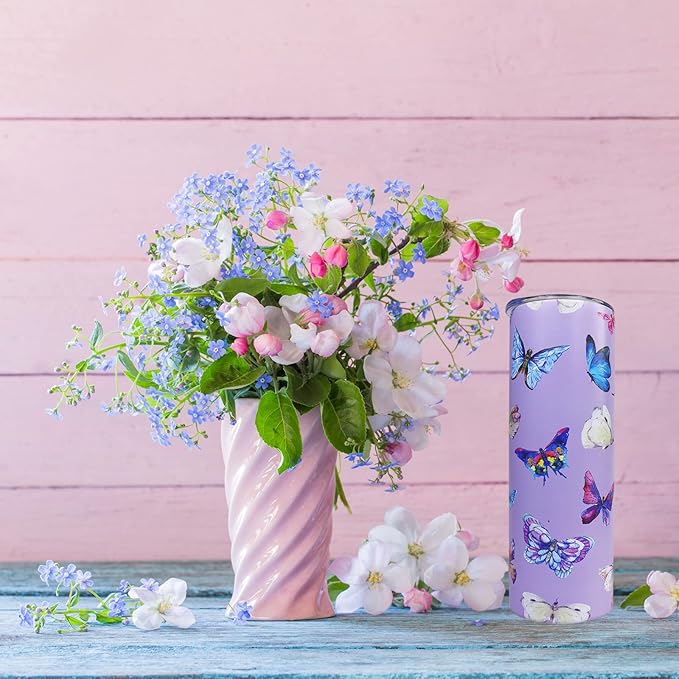 Butterfly Tumbler With Lid and Straw - 20 oz Insulated Purple Stainless Steel Skinny Tumbler Water Bottle Travel Mug Wine Cups Gifts for Women