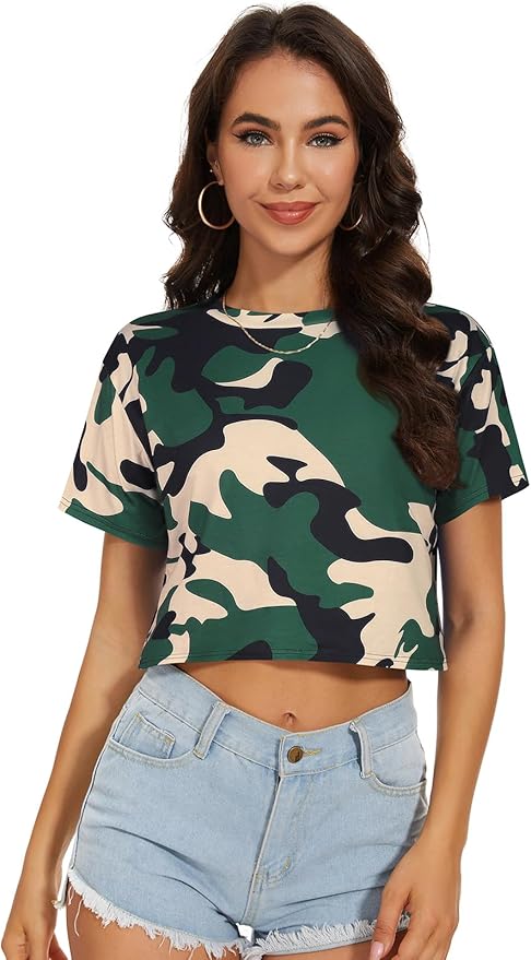 Womens Summer Crop Tops Short Sleeve Round Neck T-Shirts Loose Fit Casual Blouse