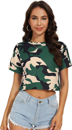 Womens Summer Crop Tops Short Sleeve Round Neck T-Shirts Loose Fit Casual Blouse