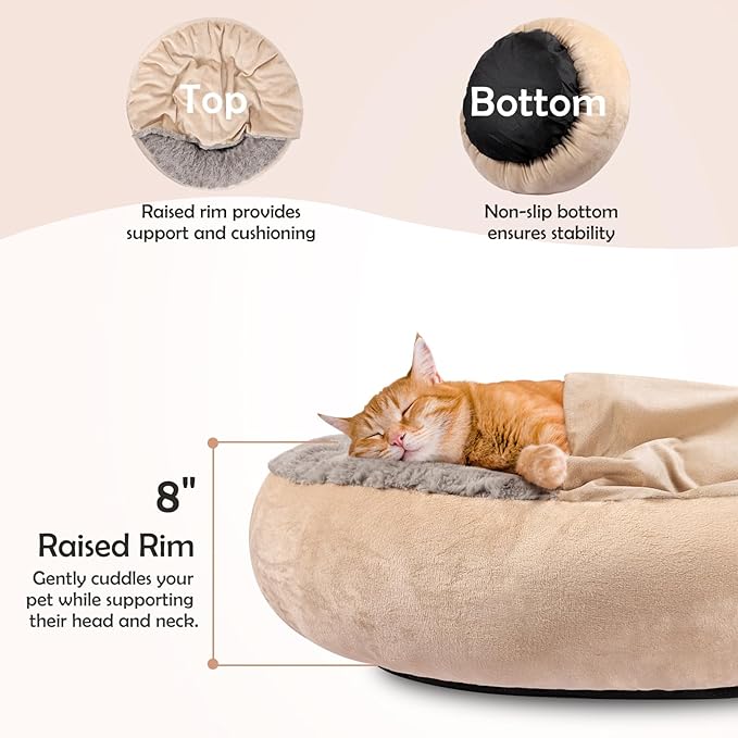 JOEJOY Small Dog Bed Cat Bed with Hooded Blanket, Cozy Cuddler Luxury Puppy Pet Bed, Donut Round Calming Anti-Anxiety Dog Burrow Cave Bed - Anti-Slip Bottom and Machine Washable 23 inch
