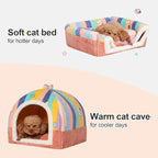 Jiupety Cat Beds for Indoor Cats, Cute Cat House for Cats and Puppy, Cat Cave Bed with Removable Cushion, Large Cat Bed Cat Hideaway Cat Tent, 2-in-1 Pink Cat Bed, L(19" × 19" × 19"), Rainbow.