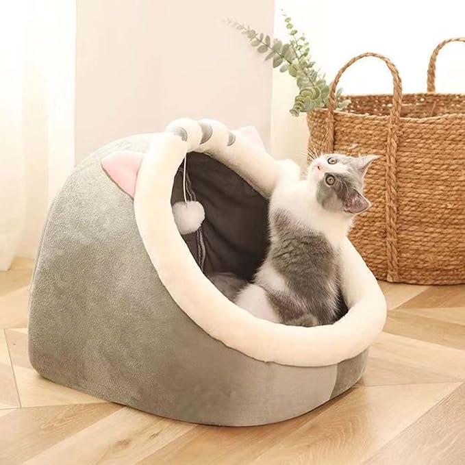 12.9 inch Semi-Enclosed All-Season Cat Bed, Removable and Washable Cat Beds for Indoor Cats, Comfortable Cat House for Cats to Play and Sleep in