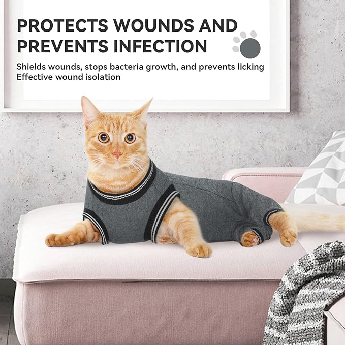 T'CHAQUE Cat Clothes Surgery Recovery Suit for Female Male, Cat Onesie Pet Surgical Pajamas Hind Legs Long Sleeve, Abdominal Wound Skin Diseases, E-Collar Alternative, Spay Recovery Suit, Gray-L