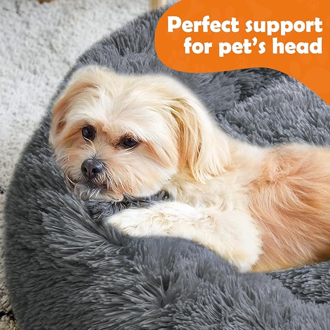 Dog Ded,Cat Beds for Indoor Cats, 23 inches Cat Bed Machine Washable, Fluffy Round Pet Bed Non-Slip, Calming Soft Plush Donut Cuddler Cushion Self Warming for Small Dogs Kittens, Dark Grey 31.5IN
