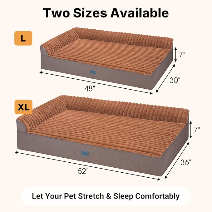 Veehoo Orthopedic Dog Bed for Large Senior Dogs, 7 Inch Thick XL Memory Foam Dog Bed with L Shaped Bolsters, Orthopedic Pet Couch with Waterproof Liner & Removable Washable Cover, 48"x30"x7"