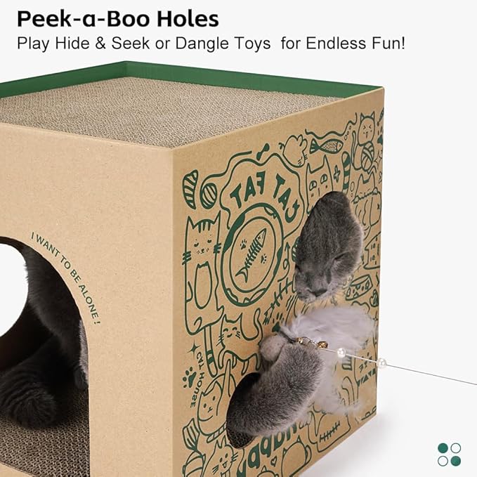 Cardboard Cat House with 2PCS Scratcher Pads Large Cat Scratchers Lounge Bed for Indoor Cats Cat Scratching Board & Cat Scratcher Box for Bunny/Cats Animals.(Green-Graffiti)