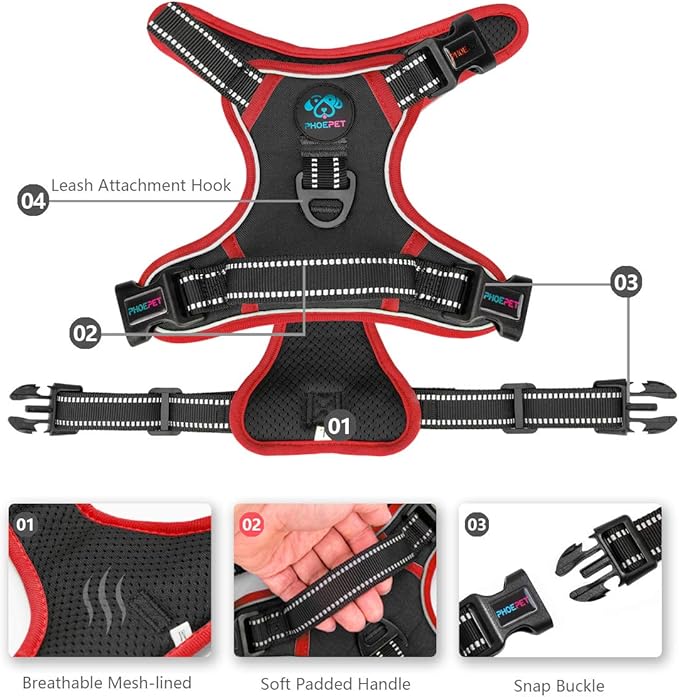 PHOEPET 2019 Upgraded No Pull Dog Harness, Reflective Adjustable Vest, with a Training Handle + 2 Metal Leash Hooks+ 3 Snap Buckles +4 Slide Buckles(M, Black)