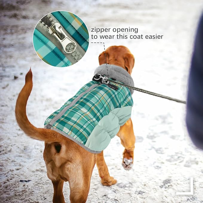 FUAMEY Dog Coat for Large Dogs,Waterproof Dog Winter Jacket with Harness Built in Puppy Cold Weather Coats Reflective Pet Vest with Zipper Warm Fleece Dogs Snowsuit Windproof Green Plaid L